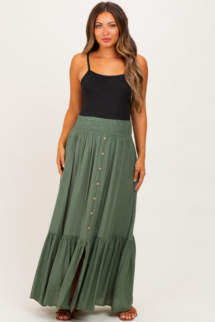 Olive Smocked Waist Button Accent Maternity Maxi Skirt