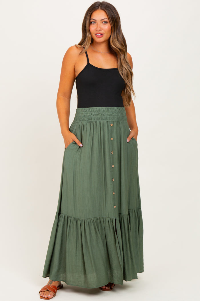 Olive Smocked Waist Button Accent Maternity Maxi Skirt
