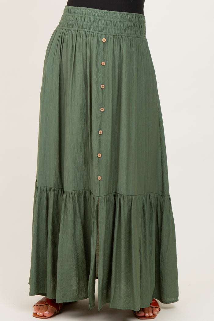 Olive Smocked Waist Button Accent Maternity Maxi Skirt