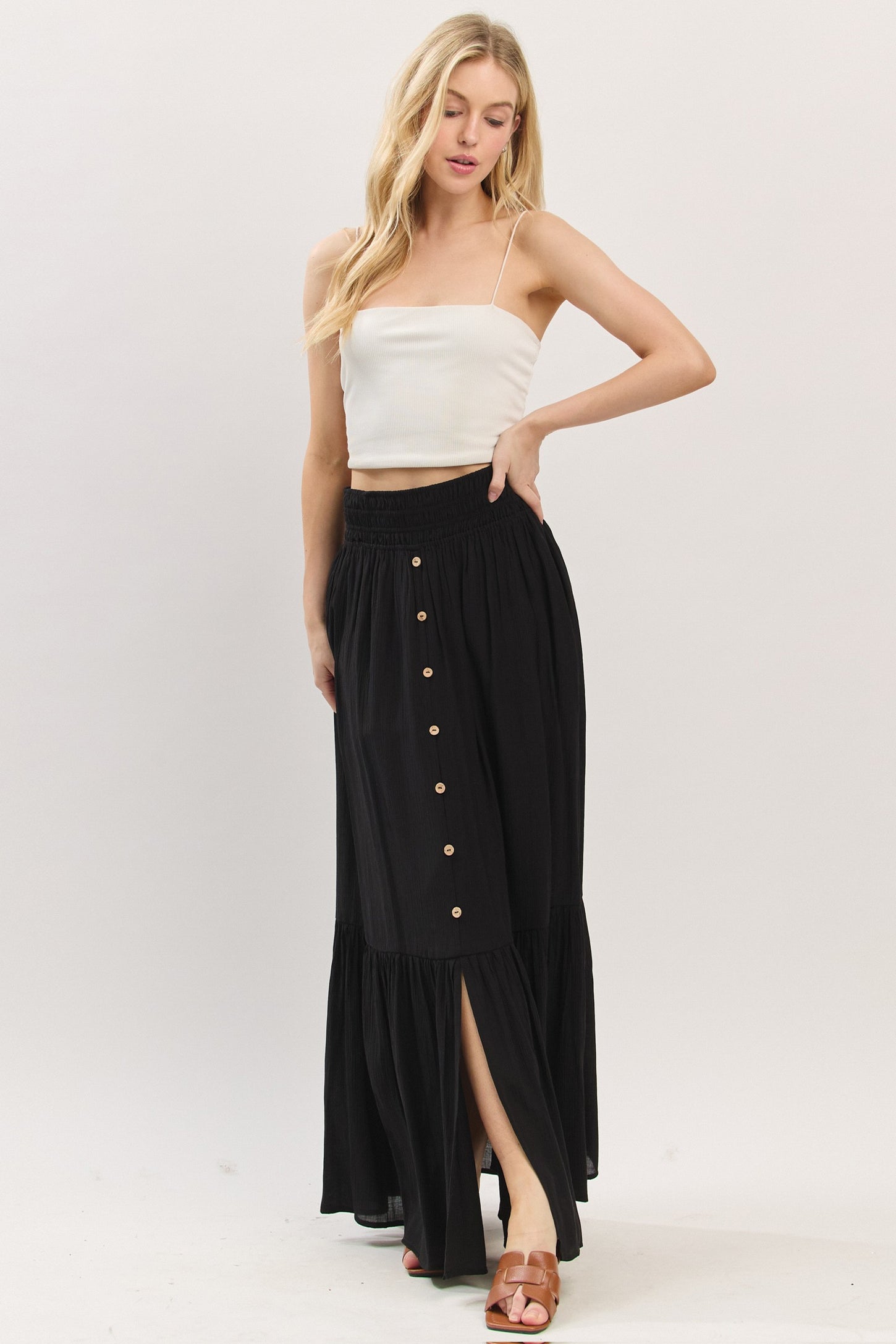 Black Smocked Waist Button Accent Maxi Skirt
