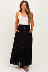 Black Smocked Waist Button Accent Maternity Maxi Skirt