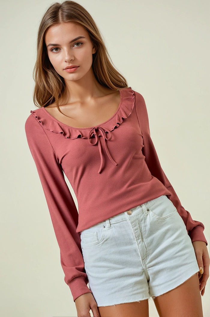 Mauve Ruffle Tie Detail Long Sleeve Maternity Top
