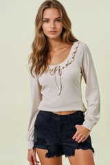 Beige Ruffle Tie Detail Long Sleeve Maternity Top