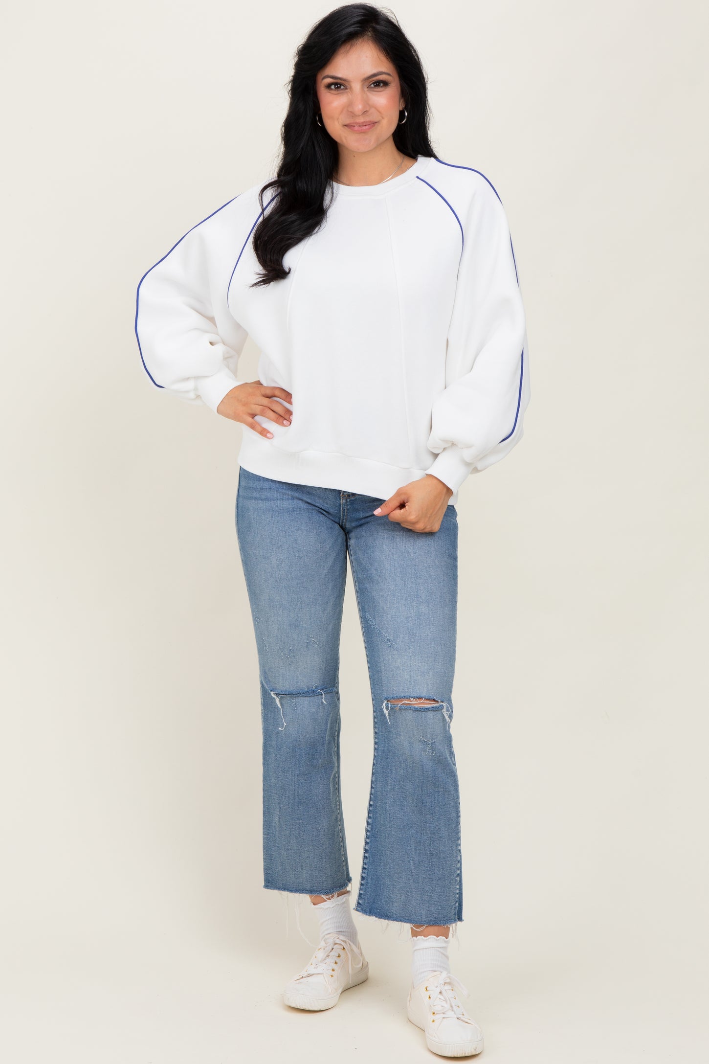 White Heather Blue Piping Accent Maternity Sweatshirt