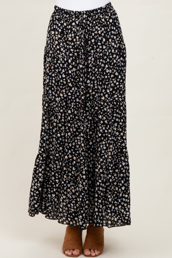 Black Floral Tiered Maxi Skirt
