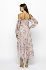 Light Pink Floral Off Shoulder Long Sleeve Tiered Maxi Dress