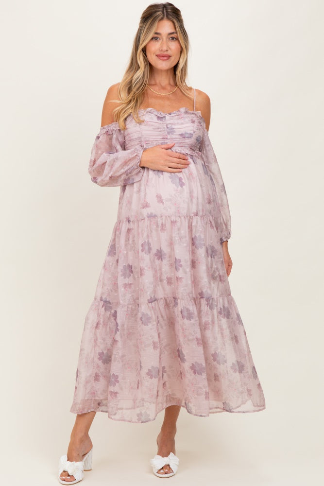 Light Pink Floral Off Shoulder Long Sleeve Tiered Maternity Maxi Dress