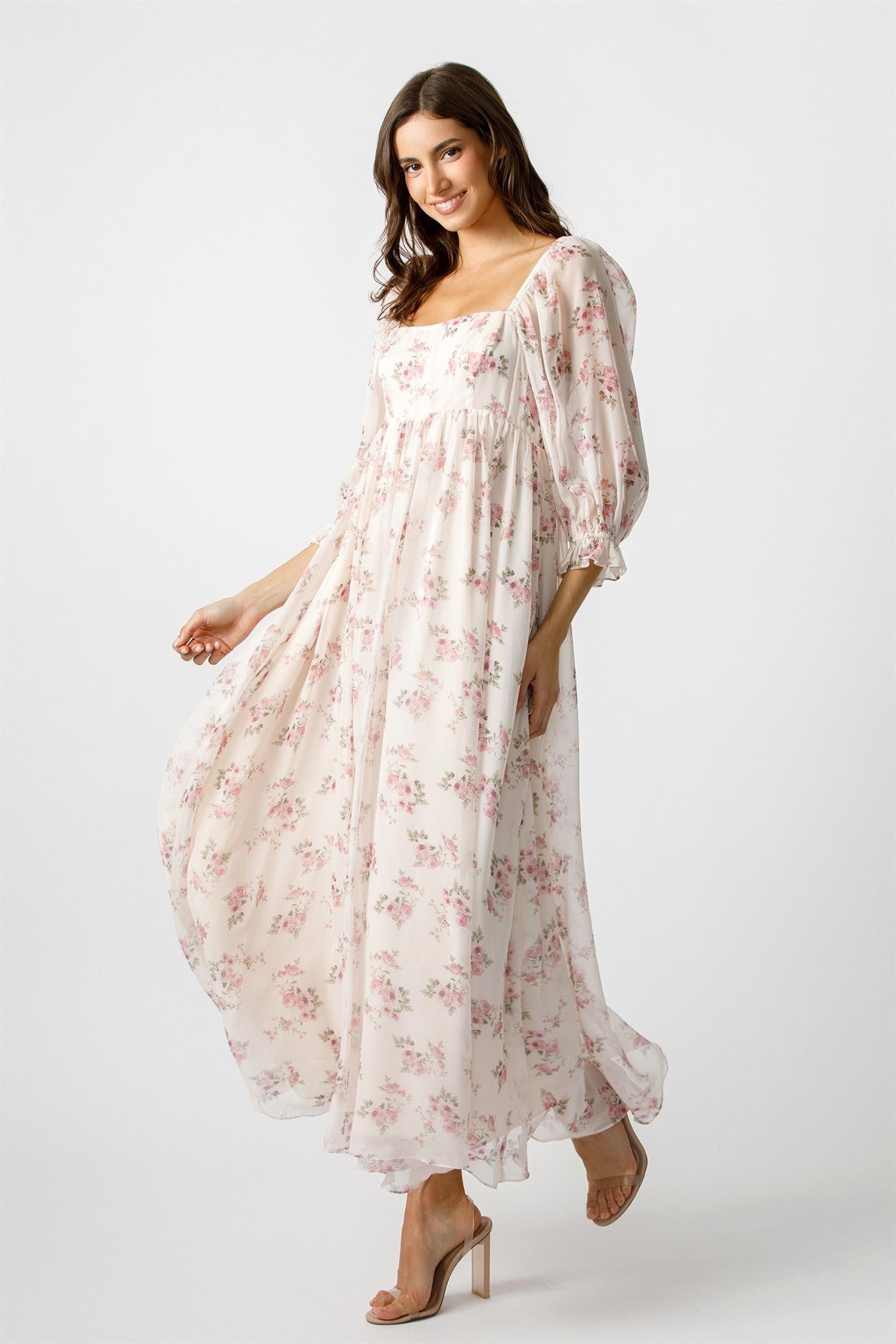 Light Pink Floral Chiffon Long Sleeve Maxi Dress