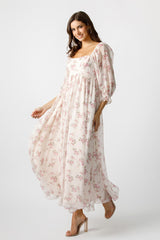 Light Pink Floral Chiffon Long Sleeve Maxi Dress