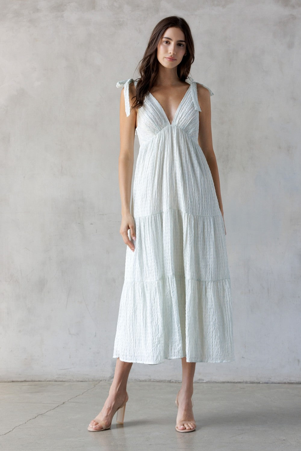 Light Blue V-Neck Shoulder Tie Maternity Midi Dress