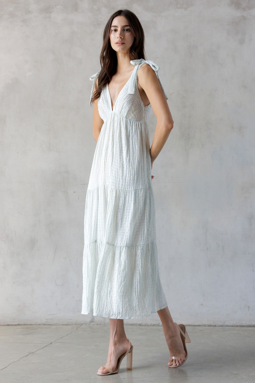 Light Blue V-Neck Shoulder Tie Midi Dress