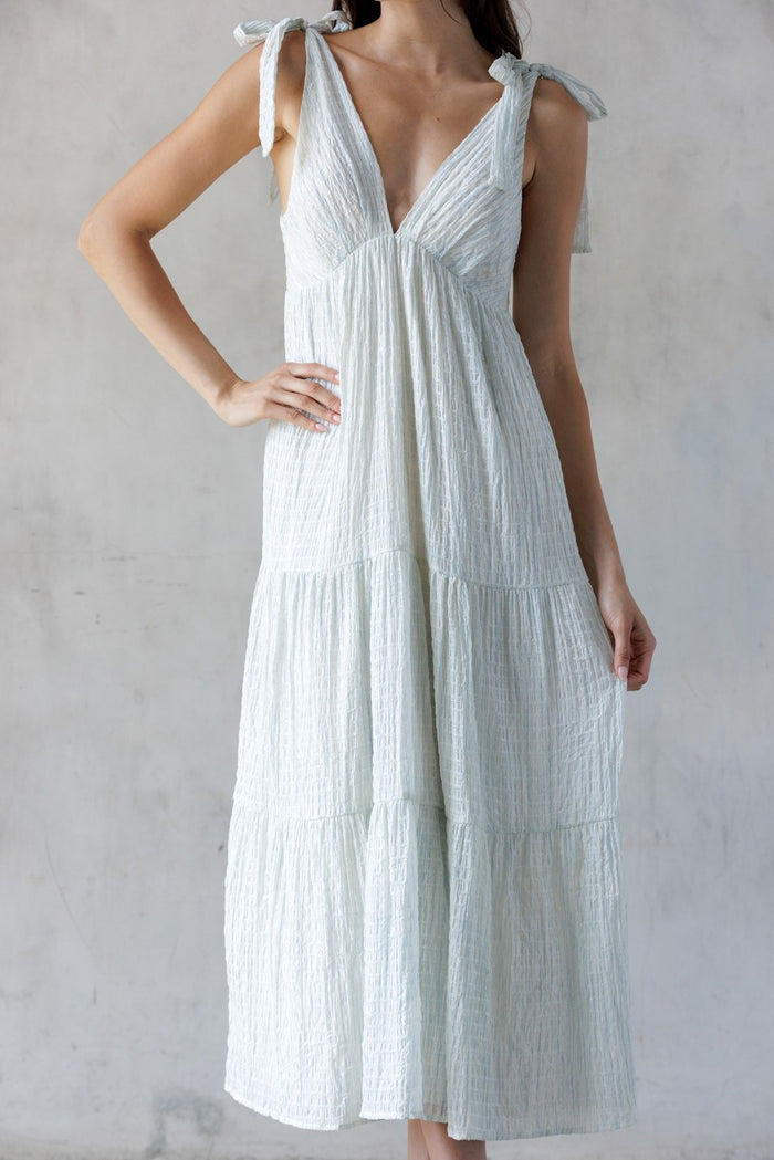 Light Blue V-Neck Shoulder Tie Midi Dress