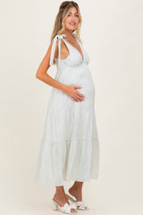 Light Blue V-Neck Shoulder Tie Maternity Midi Dress