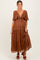 Brown Metallic Chiffon Ruffle V-Neck Maternity Midi Dress