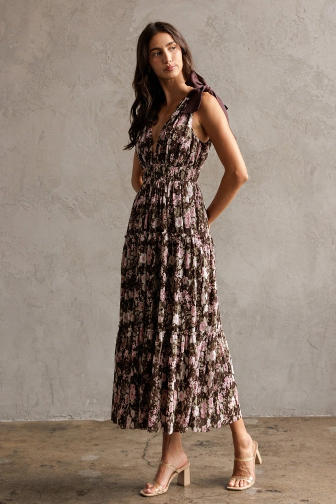 Brown Floral V-Neck Shoulder Tie Midi Dress