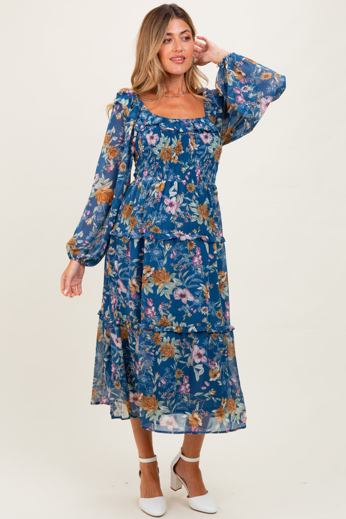 Navy Floral Chiffon Smocked Ruffle Tiered Maternity Midi Dress