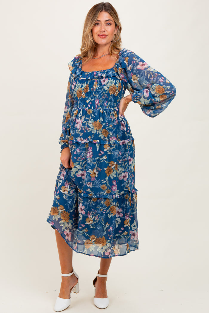 Navy Floral Chiffon Smocked Ruffle Tiered Maternity Midi Dress