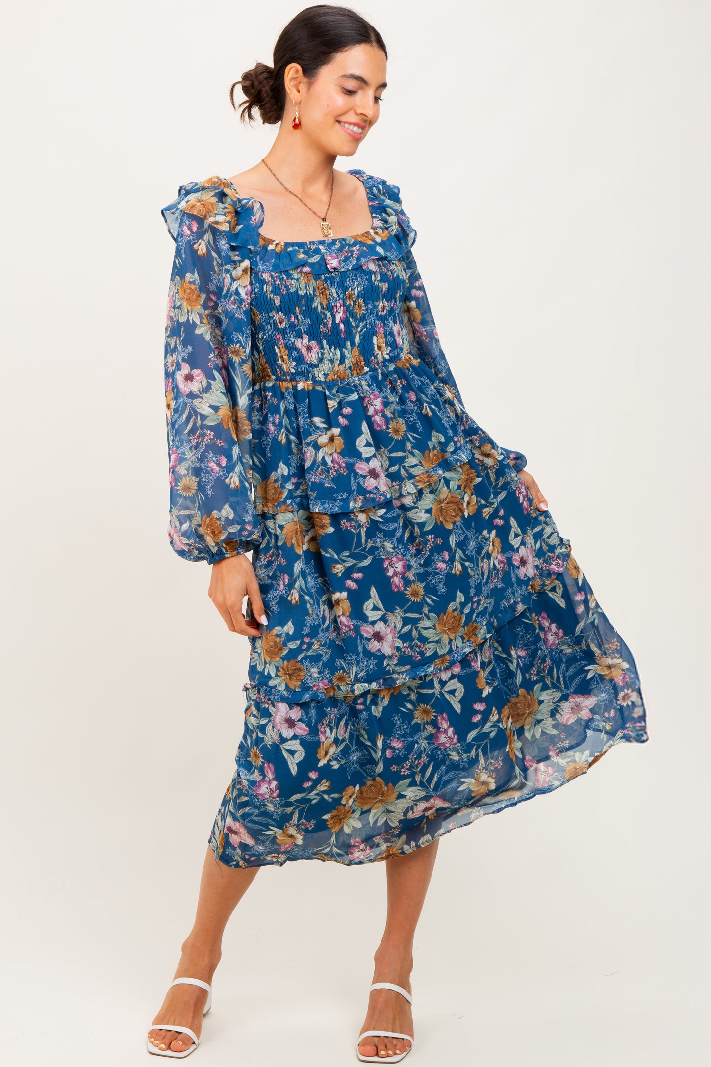 Navy Floral Chiffon Smocked Ruffle Tiered Maternity Midi Dress