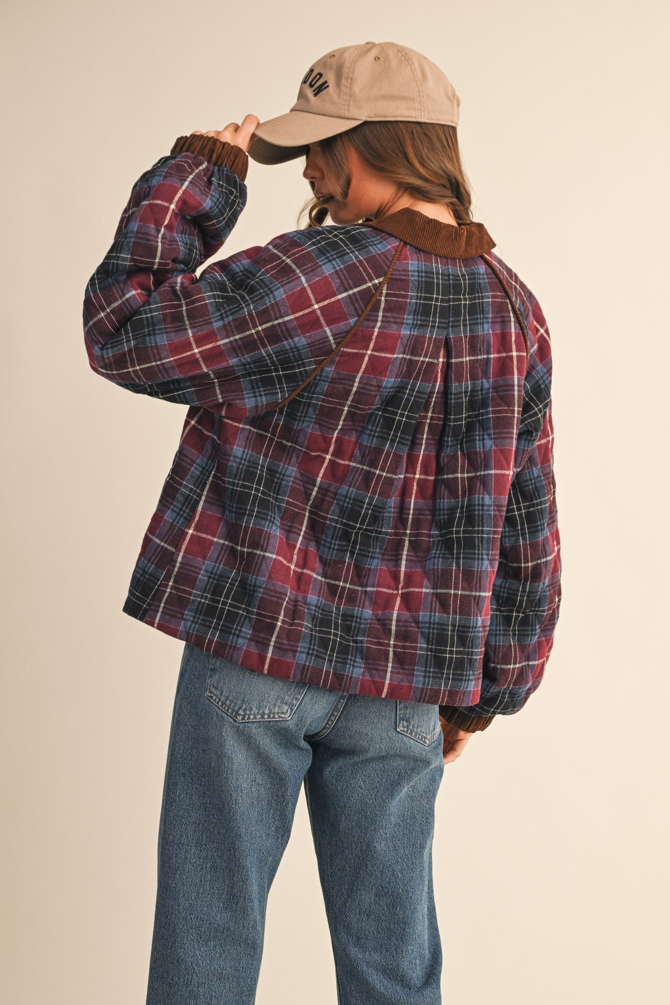 Plum Plaid Quilted Corduroy Contrast Jacket