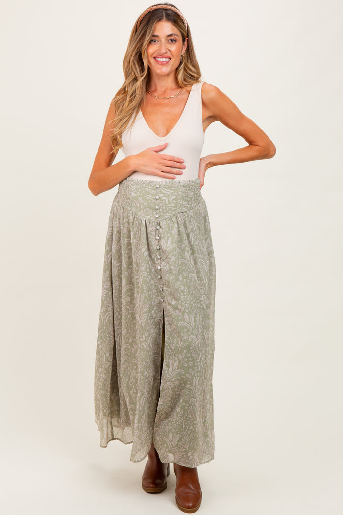 Light Olive Floral Chiffon Button Detail Maternity Maxi Skirt