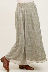 Light Olive Floral Chiffon Button Detail Maternity Maxi Skirt