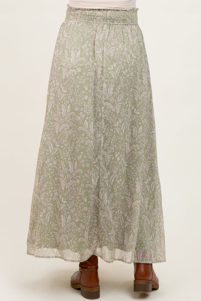 Light Olive Floral Chiffon Button Detail Maternity Maxi Skirt