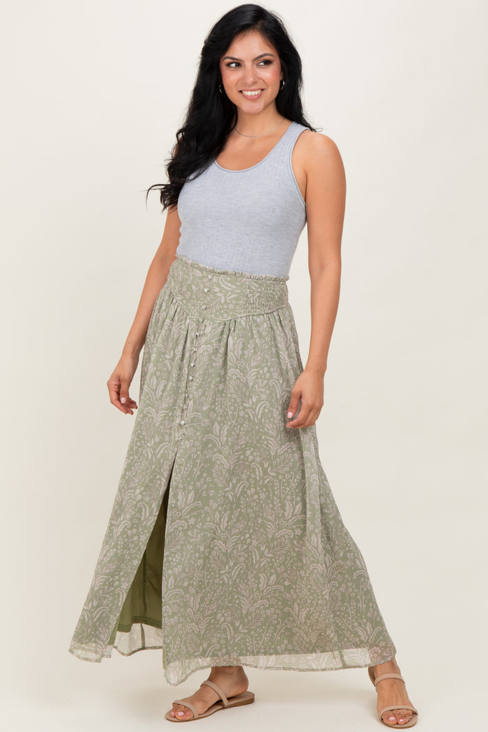 Light Olive Floral Chiffon Button Detail Maxi Skirt
