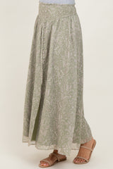 Light Olive Floral Chiffon Button Detail Maxi Skirt