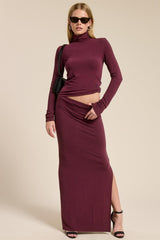 Burgundy Turtleneck Top Maxi Skirt Set
