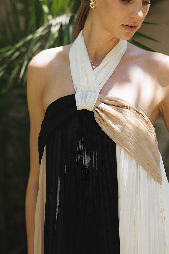 Taupe Colorblock Pleated Halter Neck Maxi Dress