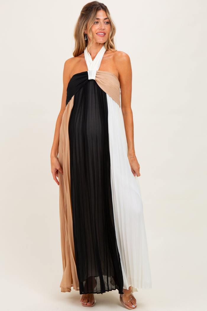 Taupe Colorblock Pleated Halter Neck Maternity Maxi Dress