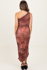 Rust Floral Ruched Rosette One-Shoulder Maternity Midi Dress