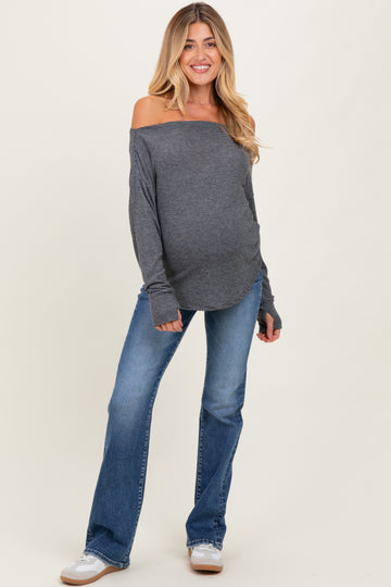 Black Striped Boat Neck Long Sleeve Maternity Top