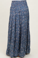 Blue Floral Smocked Waist Tiered Maxi Skirt