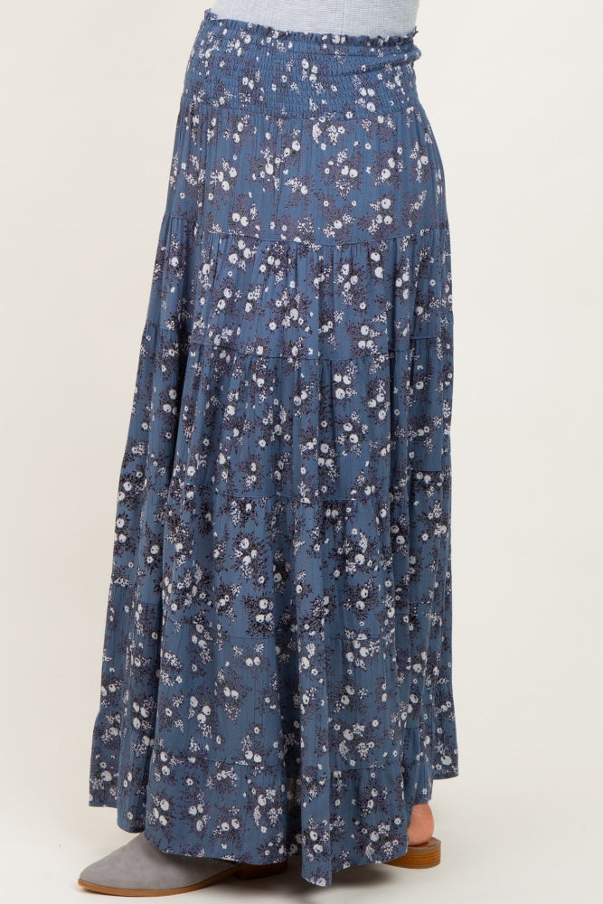 Blue Floral Smocked Waist Tiered Maternity Maxi Skirt