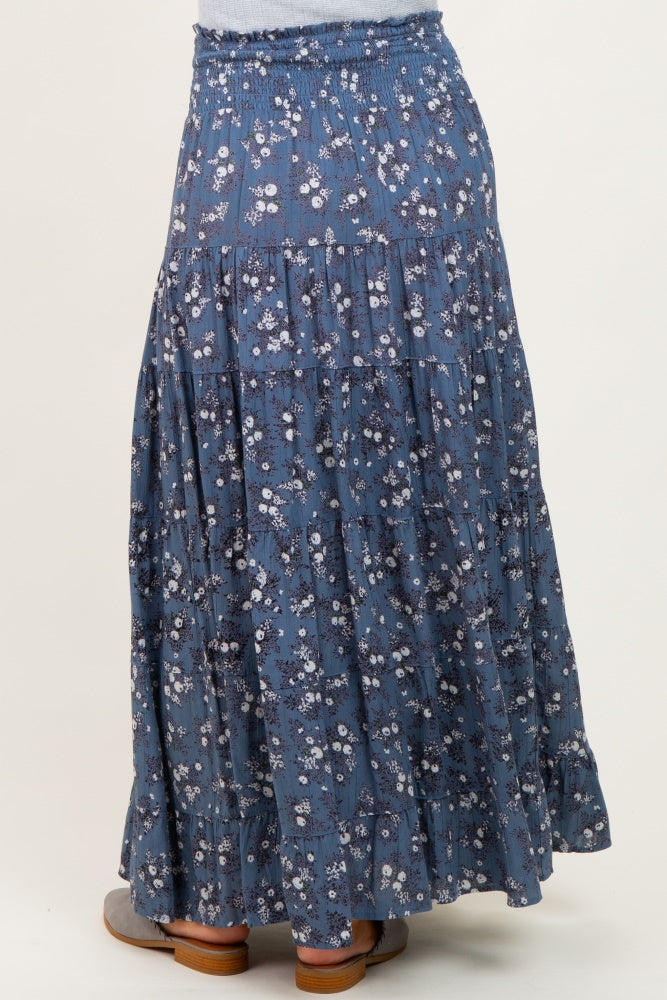 Blue Floral Smocked Waist Tiered Maternity Maxi Skirt
