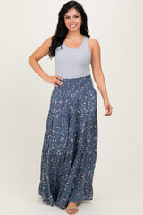 Blue Floral Smocked Waist Tiered Maternity Maxi Skirt