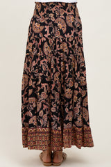 Black Paisley Smocked Waist Tiered Maxi Skirt
