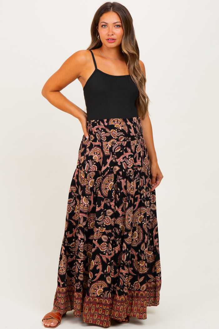 Black Paisley Smocked Waist Tiered Maternity Maxi Skirt