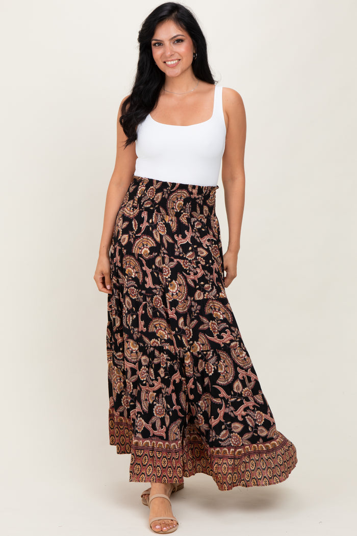 Black Paisley Smocked Waist Tiered Maxi Skirt