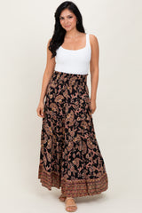 Black Paisley Smocked Waist Tiered Maxi Skirt