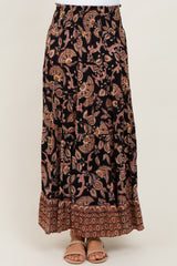 Black Paisley Smocked Waist Tiered Maxi Skirt