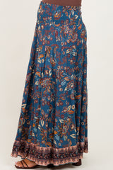 maternity wear blue floral maxi skirt with smocked waistband and tiered design, model shown from the side