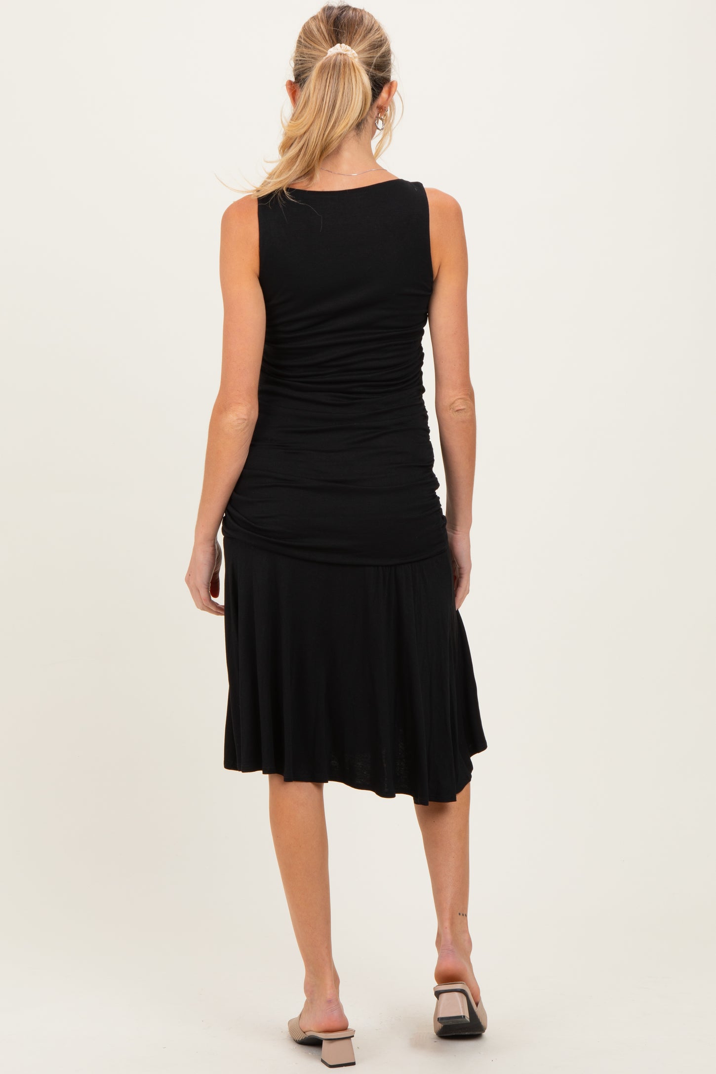 Black Ruched Sleeveless Drop Waist Maternity Midi Dress