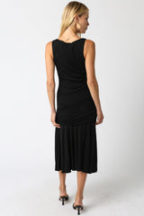 Black Ruched Sleeveless Drop Waist Midi Dress