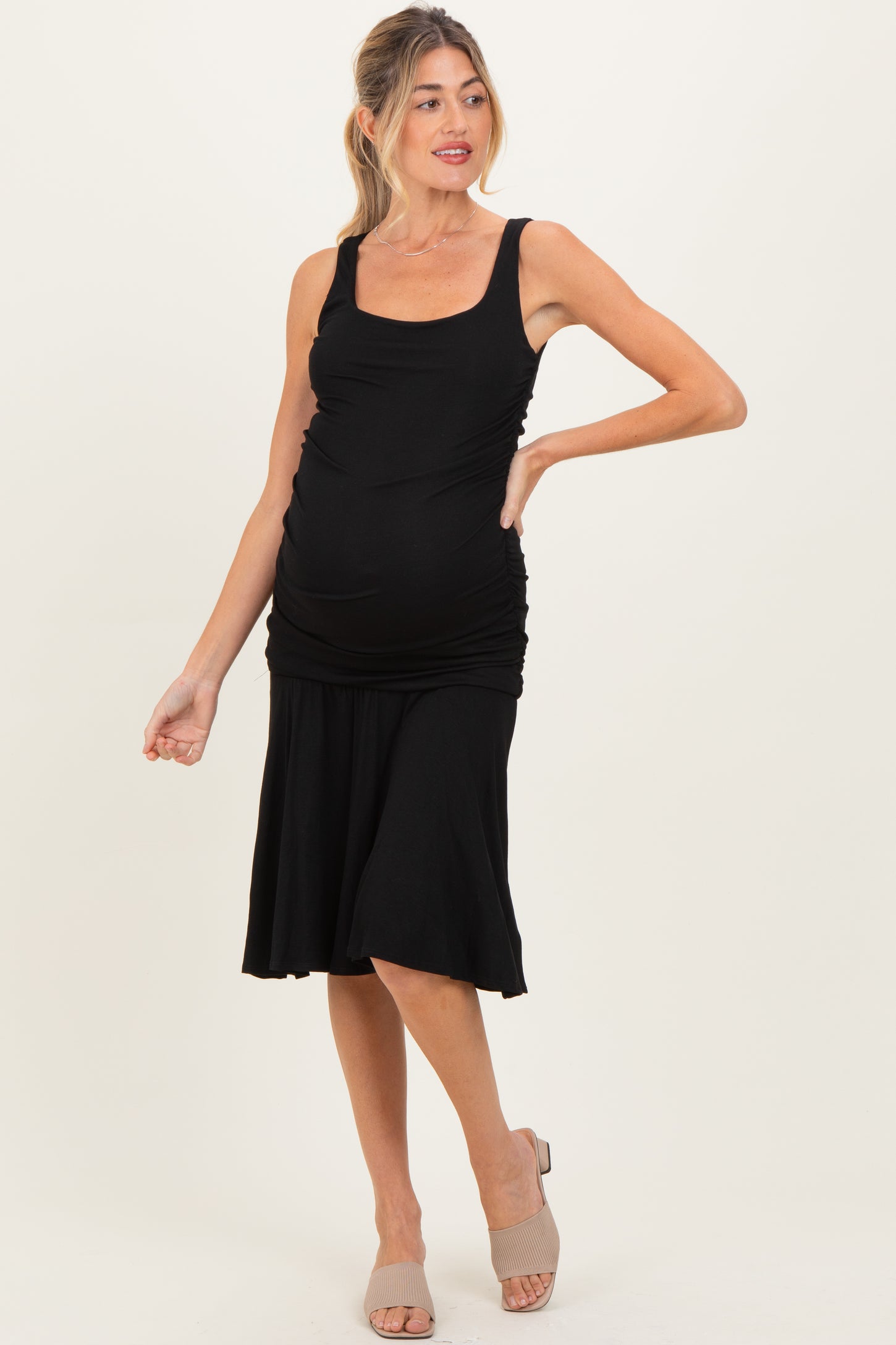 Black Ruched Sleeveless Drop Waist Maternity Midi Dress