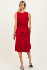 Red Ruched Sleeveless Drop Waist Maternity Midi Dress