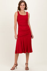 Red Ruched Sleeveless Drop Waist Midi Dress