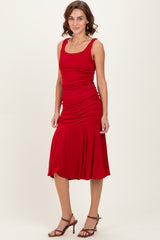 Red Ruched Sleeveless Drop Waist Midi Dress