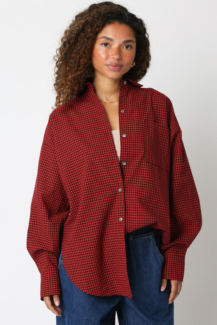 Red Plaid Linen Blend Button Down Shirt